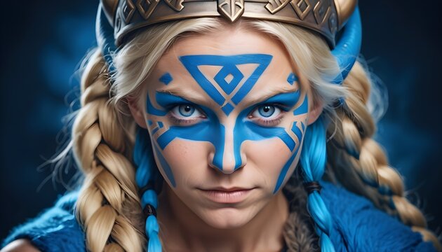 Blonde model dressed like a viking woman with blue paint signs on her face portrait, close-up