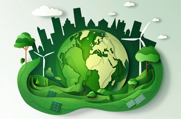 
Green planet Earth with wind turbines and solar panels, depicting an eco friendly world environment concept in the style of a paper cut style isolated on a white background. Generative ai