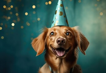 In this delightful image, a dog dons a party hat, creating a playful atmosphere as it extends a heartwarming birthday greeting, exuding charm and celebration in every wag and bark.