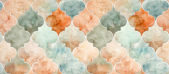 A seamless pattern of terracotta Moroccan tile, with soft and subtle color transitions between pastel colors, gives a vintage effect texture background. Genereative ai