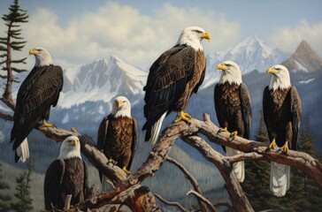 Six eagles on the tree branches ready to fly off and find  food 