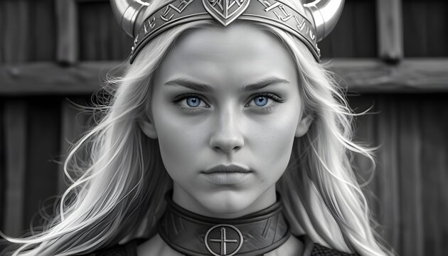 Blonde viking waoman model with blue eyes close-up portrait, black and white