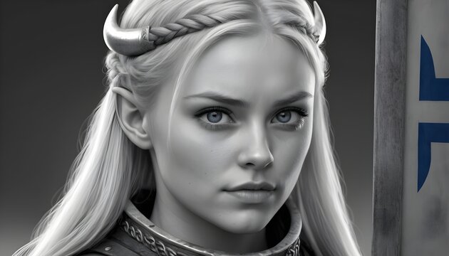 Blonde viking waoman model with blue eyes close-up portrait, black and white