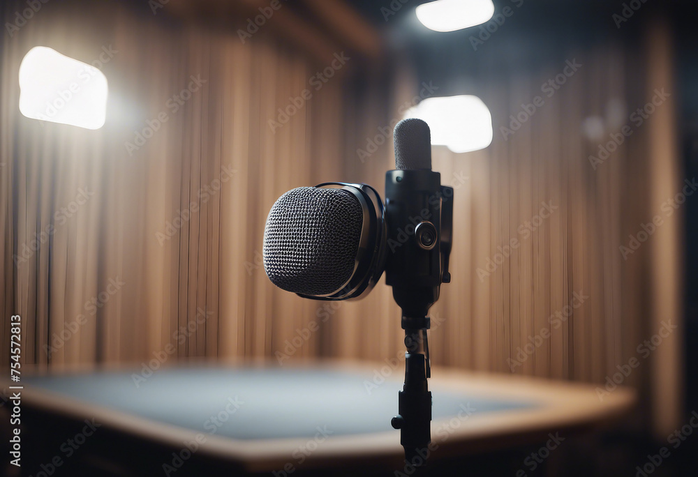 Poster studio microphone and pop shield on mic in the empty recording studio with copy space