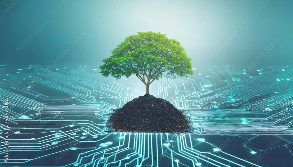 Aufkleber the converging point of a computer circuit board has a tree growing in the soil. a wireframe