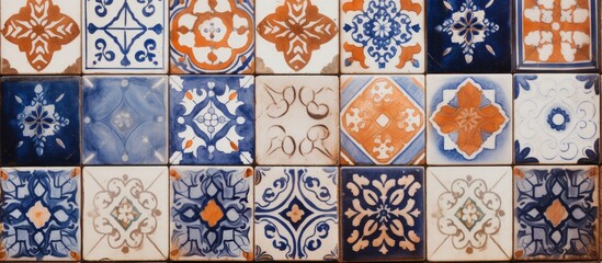 A close-up view showcasing a variety of different colored tiles, each displaying the intricate designs and patterns typical of old Mediterranean style decoration.