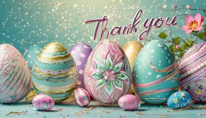Thank you message with colorful Easter eggs and spring holiday pastel colors 