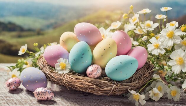 Thank you message with colorful Easter eggs and spring holiday pastel colors 