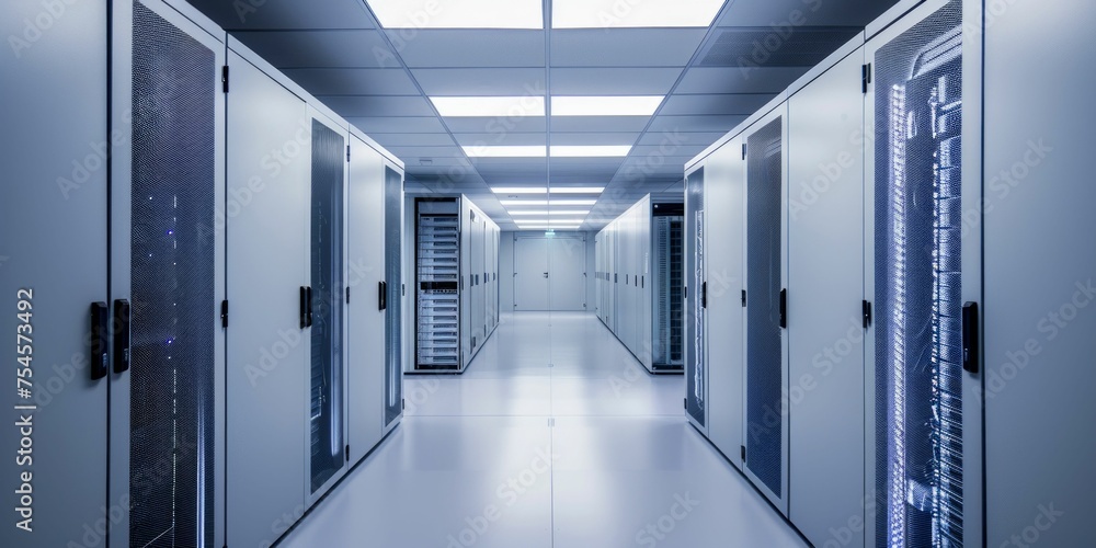 Poster modern data center server room. generative ai