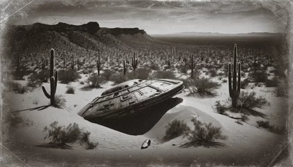 Schilderijen op glas AI-generated vintage photo of a UFO crash site in the middle of a southwestern desert wilderness © jhorrocks