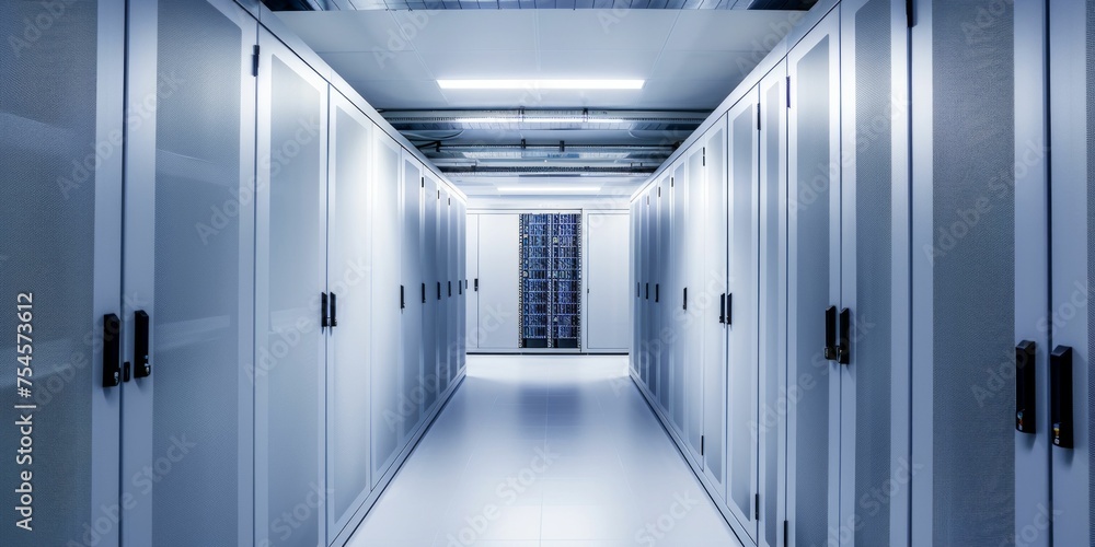 Poster modern data center server room. generative ai