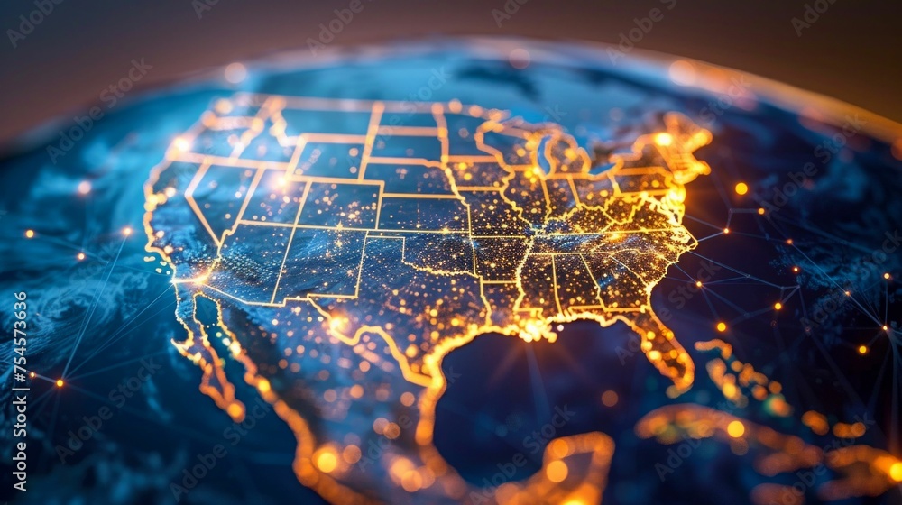 Poster global network connectivity: digital world map centered on the usa. generative ai