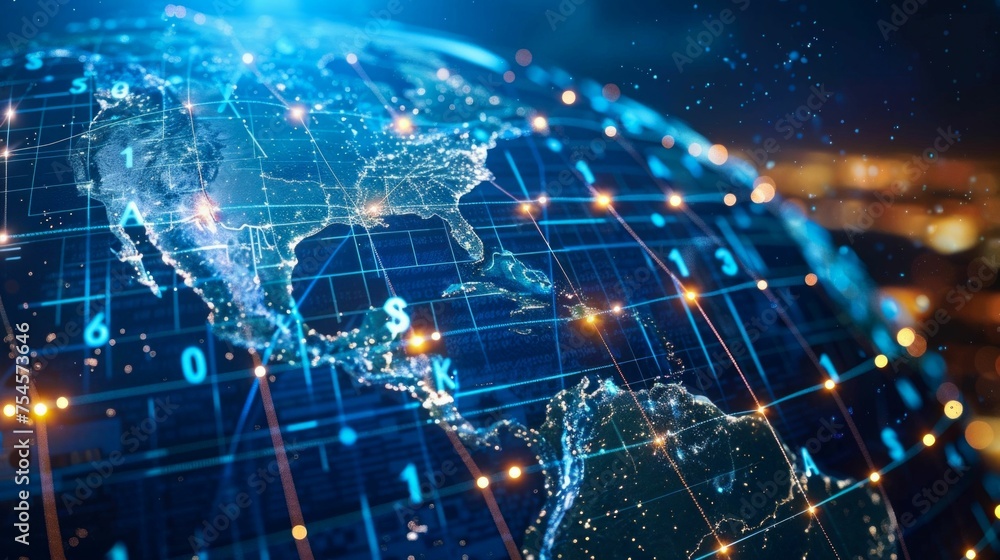 Poster global network connectivity: digital world map centered on the usa. generative ai