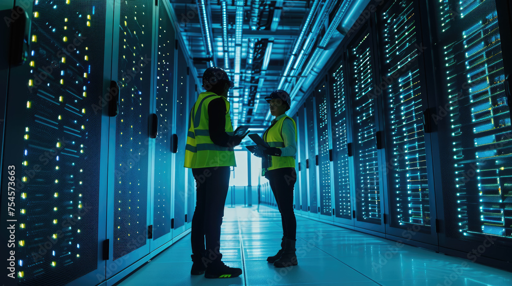 Poster two engineers having a discussion in the brightly illuminated aisle of a server room filled with rac