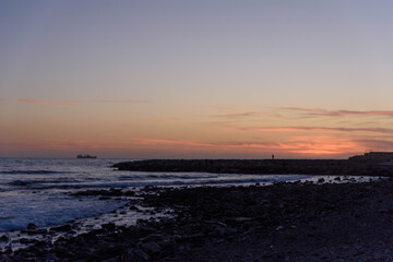 Fototapeta na wymiar Evening seascape, sunset over the sea horizon, panoramic view