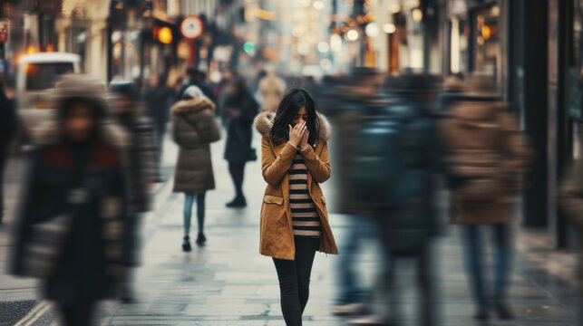 Distressed woman standing on a busy street, covering her face with her hands, with the world around her blurred in motion