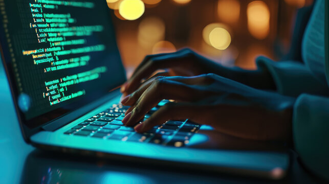 Close-up of a person's hands typing on a laptop keyboard