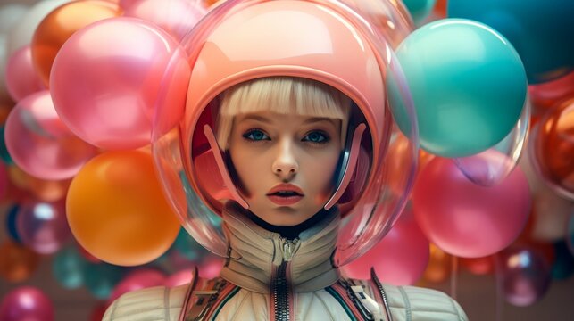 Futuristic Spacewoman with Colorful Balloons. Generative ai