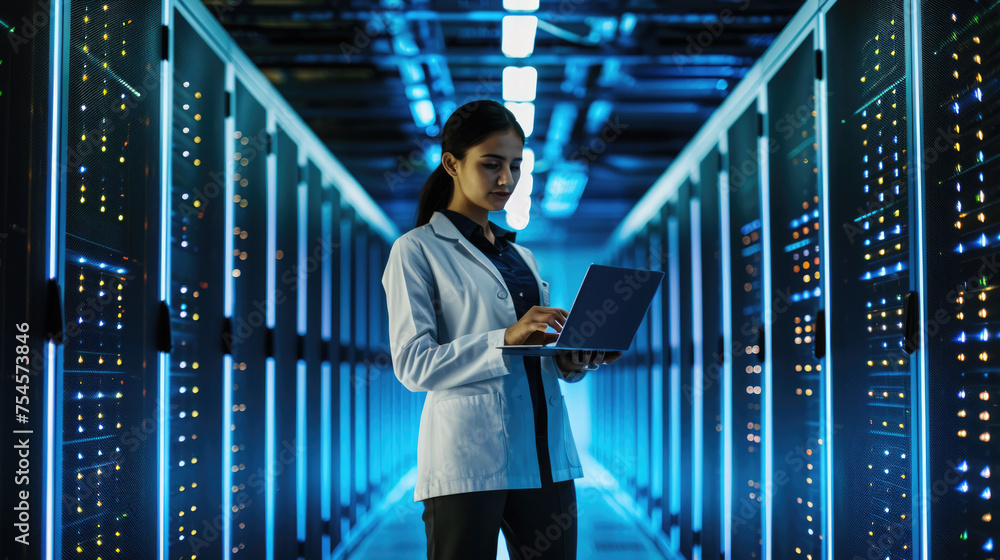 Aufkleber focused it professional using a laptop while standing in a server room with racks of network equipme