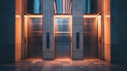 An open, unoccupied modern elevator with metal doors, set in a well-lit building, awaits