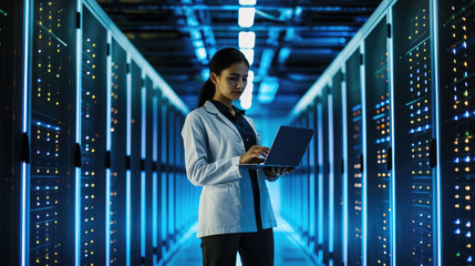 Focused IT professional using a laptop while standing in a server room with racks of network equipment illuminated by blue lights