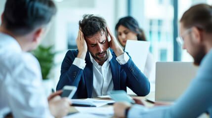 A stressed businessman in a suit holds his head in a gesture of frustration or headache - obrazy, fototapety, plakaty