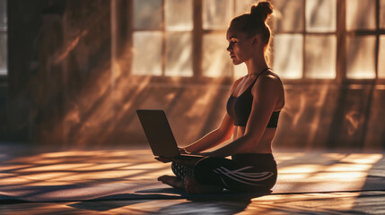 Young woman sitting cross-legged on a yoga mat, using a laptop during a virtual yoga class or meditation session.