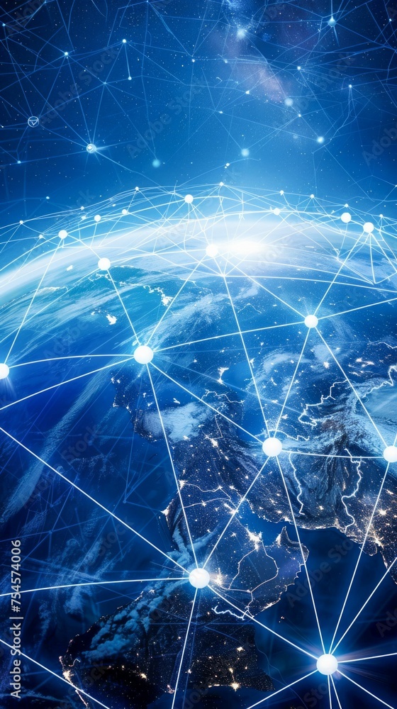 Poster global communication network over earth from space. generative ai