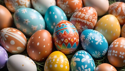 Fototapeta na wymiar Colorful painted easter eggs close-up background, abstract, geometric, flowers, stripes, dots, spiral and plain patterns