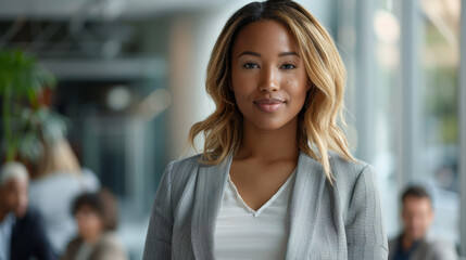 A young professional woman with blonde hair, wearing a grey blazer, is smiling subtly at the camera in a well-lit office setting.