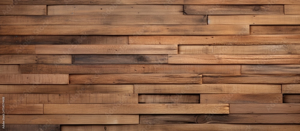 Wall mural This close-up shot showcases a wall constructed entirely of wooden planks, highlighting the natural textures and patterns of the wood. The warm tones and grains create a rustic and tactile aesthetic.