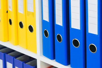 Multi-colored file folders on business office shelves, document archive, accounting or reports concept background
