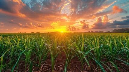 sugarcane field and cloudy sky at sunset  - obrazy, fototapety, plakaty