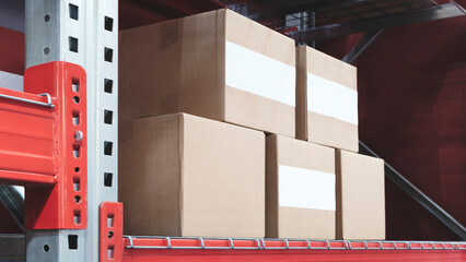 Corrugated boxes on racks in a modern distribution center or warehouse