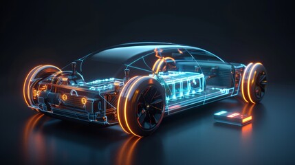 An EV battery concept is closely viewed in 3D rendering, providing insight into electric vehicle power sources - obrazy, fototapety, plakaty