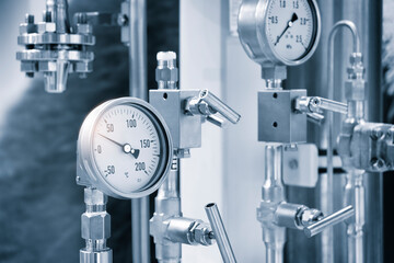 Stainless steel pipes in food or pharmaceutical or chemical industrial factory, industrial concept background