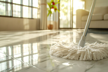 Fototapeta na wymiar Sunlight Filters Through Windows onto Mop Cleaning Shiny Tile Floor