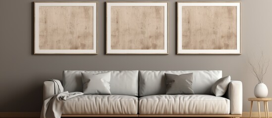A modern living room featuring a comfortable couch and three framed pictures hanging on the wall. The room is designed with neutral tones and minimal wood textures. The pictures add a decorative touch
