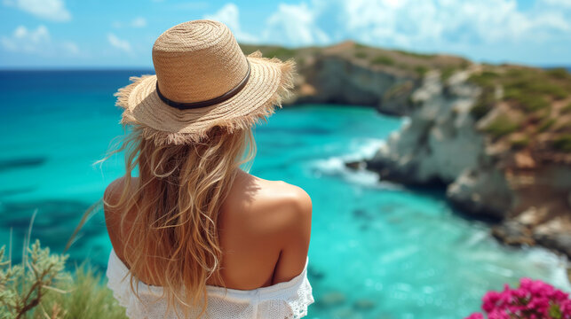 Back view of young woman in straw hat looking at azure sea