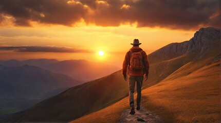 A male tourist traveling alone, admiring the mountains in the sunset, a male traveler with a...