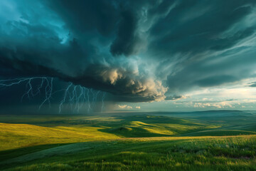 Naklejka na ściany i meble Dramatic Thunderstorm Over Rolling Hills - Nature's Fury Unleashed Under Dark Clouds