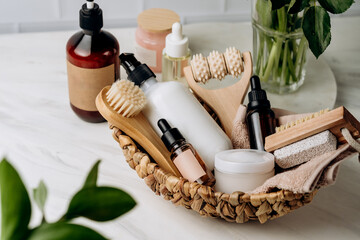 Bottles shampoo or shower gel Lotion, essential oil, cream, massage brushes, Body and face care...