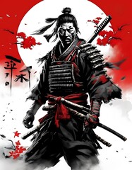 Samurai warrior: Ghost of Tsushima, Japanese samurai fighting demon warrior on a beautiful scenic landscape consist of mountains, birds flying, sun, bloodthirsty village background.