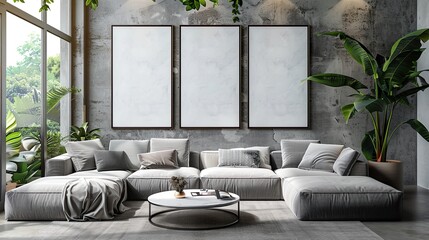 mock up posters frame on wall in modern interior background living room 