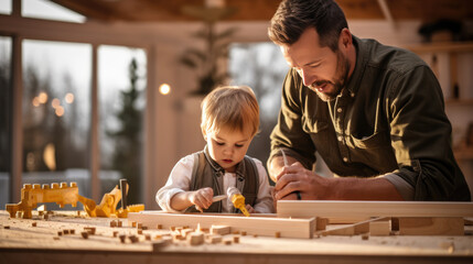 Father is teaching his young son how to use build something from wood. - obrazy, fototapety, plakaty