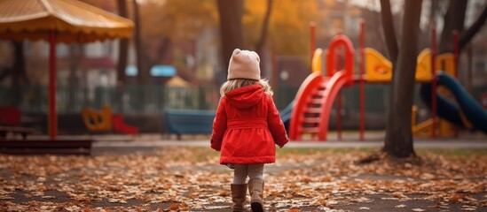A young girl in a bright red coat walks through a park, surrounded by trees and greenery. She moves thoughtfully, exploring her surroundings and enjoying the fresh air as she navigates her way around