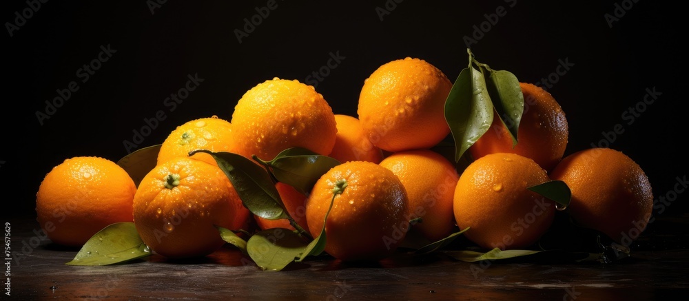 Poster a pile of oranges stacked on top of each other in dim lighting. the oranges are whole or partially v