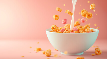 Multicolored Cereal with Milk Splash in White Bowl