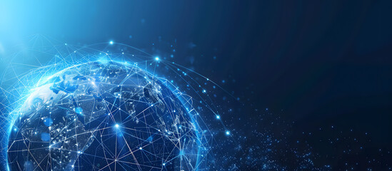 Obraz premium Abstract digital blue earth with global network connections, technology and internet concept background banner design for business, tech or cyber security in dark color background