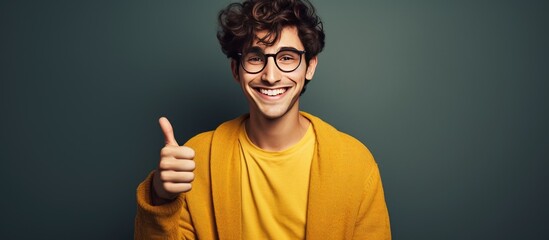 A happy young man with glasses is smiling while giving a thumbs up gesture. He appears confident and joyful as he signals approval with his hand.